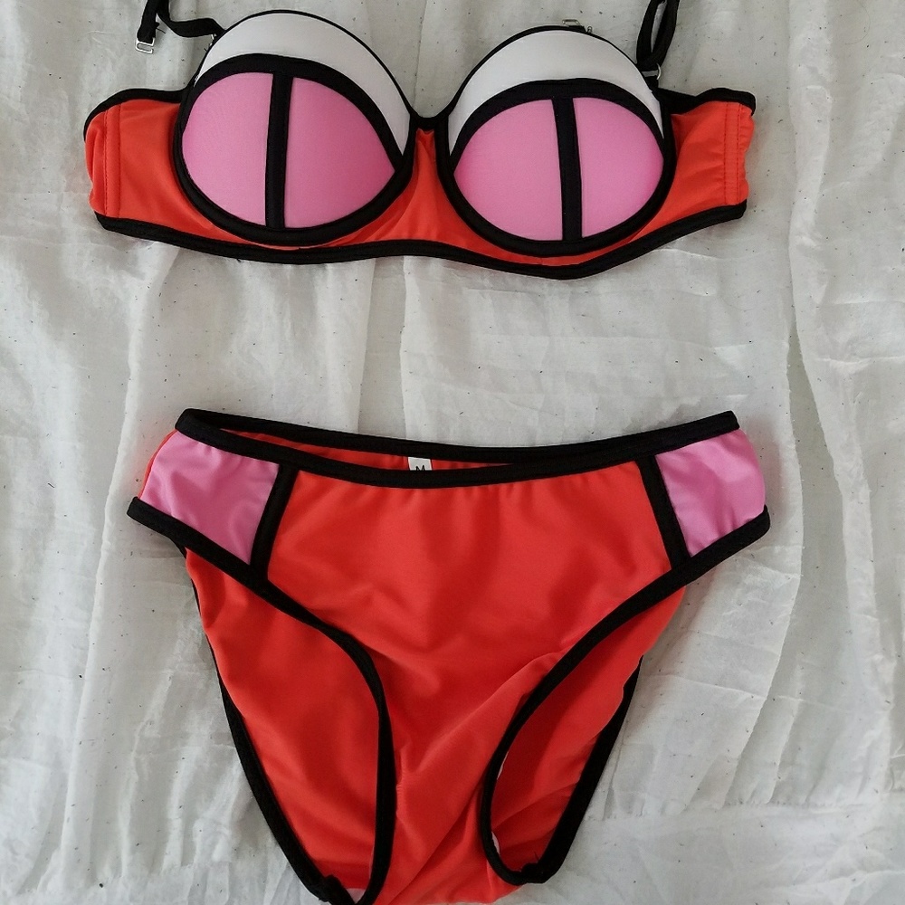 Orange pink color block swimsuit 2 piece